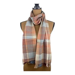 Vintage Soft Plaid Fringed Winter Scarf Warm Brown / Taupe / Blue 68x7